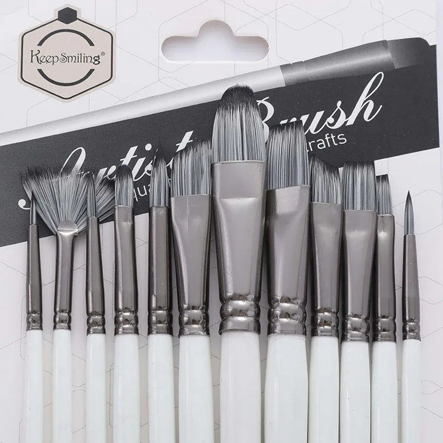 Keep Smiling 12-Piece Premium Artist Brush Set – Nylon Hair, Wooden Handle for Acrylic, Oil & Watercolor