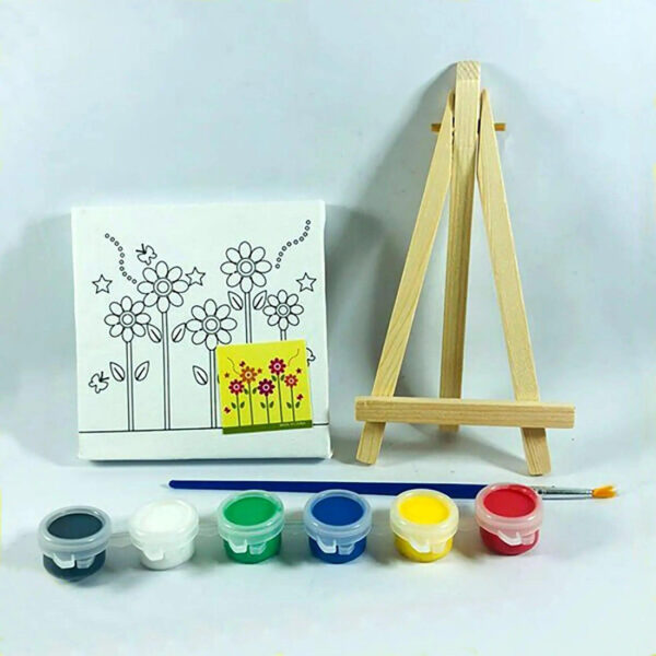 An array of colorful paint tubes, paintbrushes, and art supplies neatly arranged in a kids' painting set, ready to inspire creativity and artistic exploration."