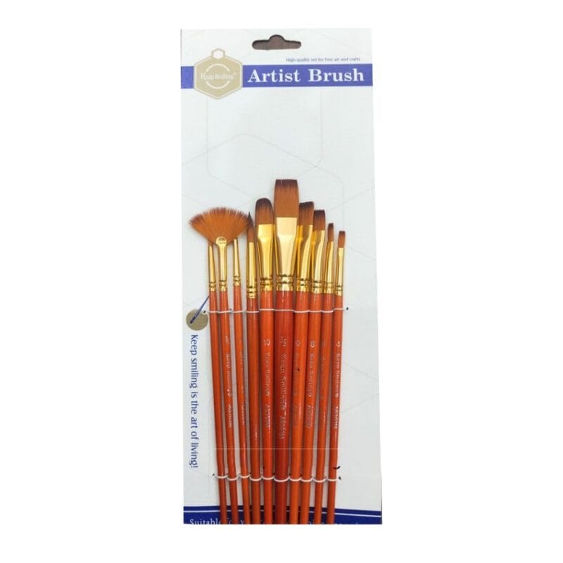 A 10-piece paintbrush set from Keep Smiling (A6303M) featuring various shapes and sizes with durable synthetic bristles and ergonomic handles, ideal for acrylic, watercolor, and oil painting.