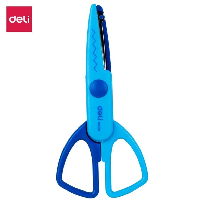 "Deli ED60000 Neon Zigzag Crafting Scissors - Vibrant, sharp scissors designed for decorative cuts on paper and craft materials.