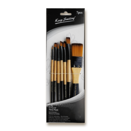 A 7-piece paintbrush set from Keep Smiling (A0003), featuring various brush shapes and sizes with durable synthetic bristles and comfortable handles, ideal for acrylic, watercolor, and oil painting.