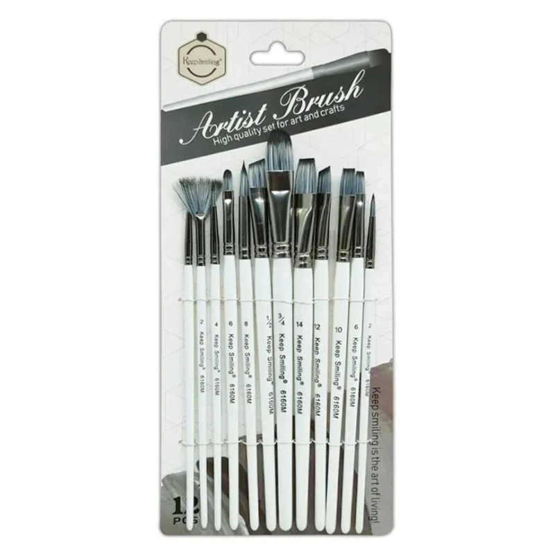 Keep Smiling 12-Piece Premium Artist Brush Set – Nylon Hair, Wooden Handle for Acrylic, Oil & Watercolor